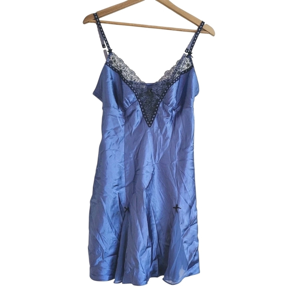 Womens Blue Satin Slip Dress Size M Lace Trim Babydoll Y2K Coquette